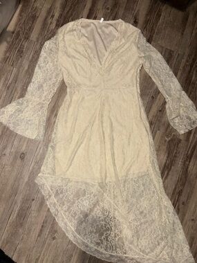 Lace V-Neck Sheer High-Low Dress in Cream